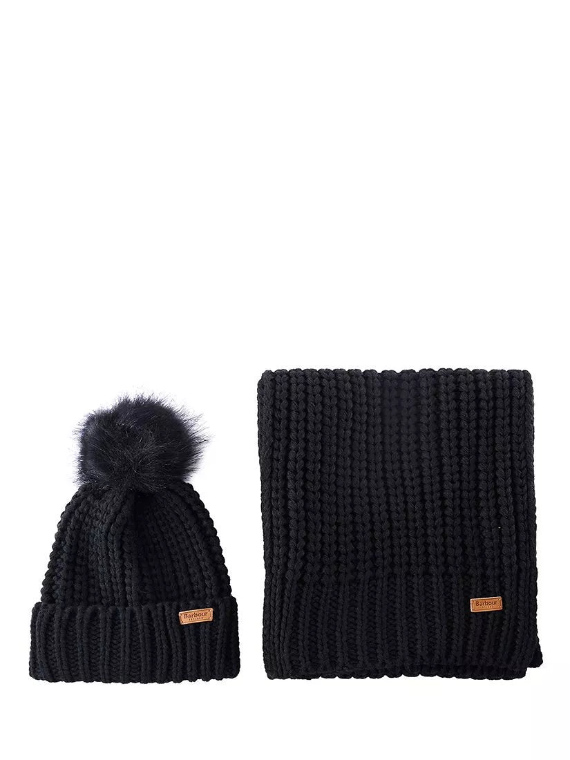 Barbour Saltburn faux fur pom-pom beanie hat and scarf gift set (British brand)