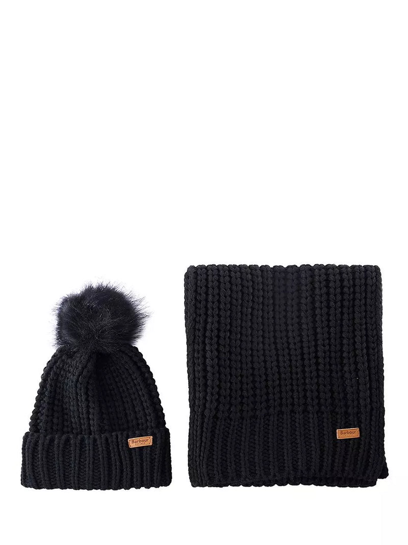 Barbour Saltburn faux fur pom-pom beanie hat and scarf gift set (British brand)
