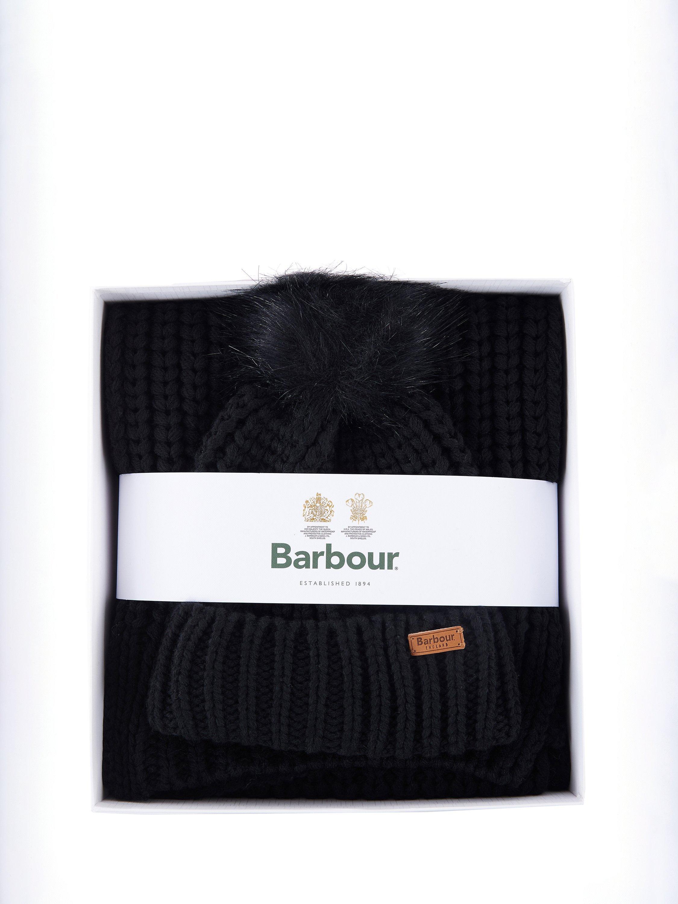 Barbour Saltburn faux fur pom-pom beanie hat and scarf gift set (British brand)