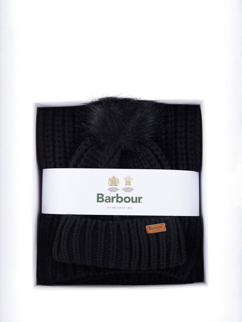 Barbour Saltburn faux fur pom-pom beanie hat and scarf gift set (British brand)