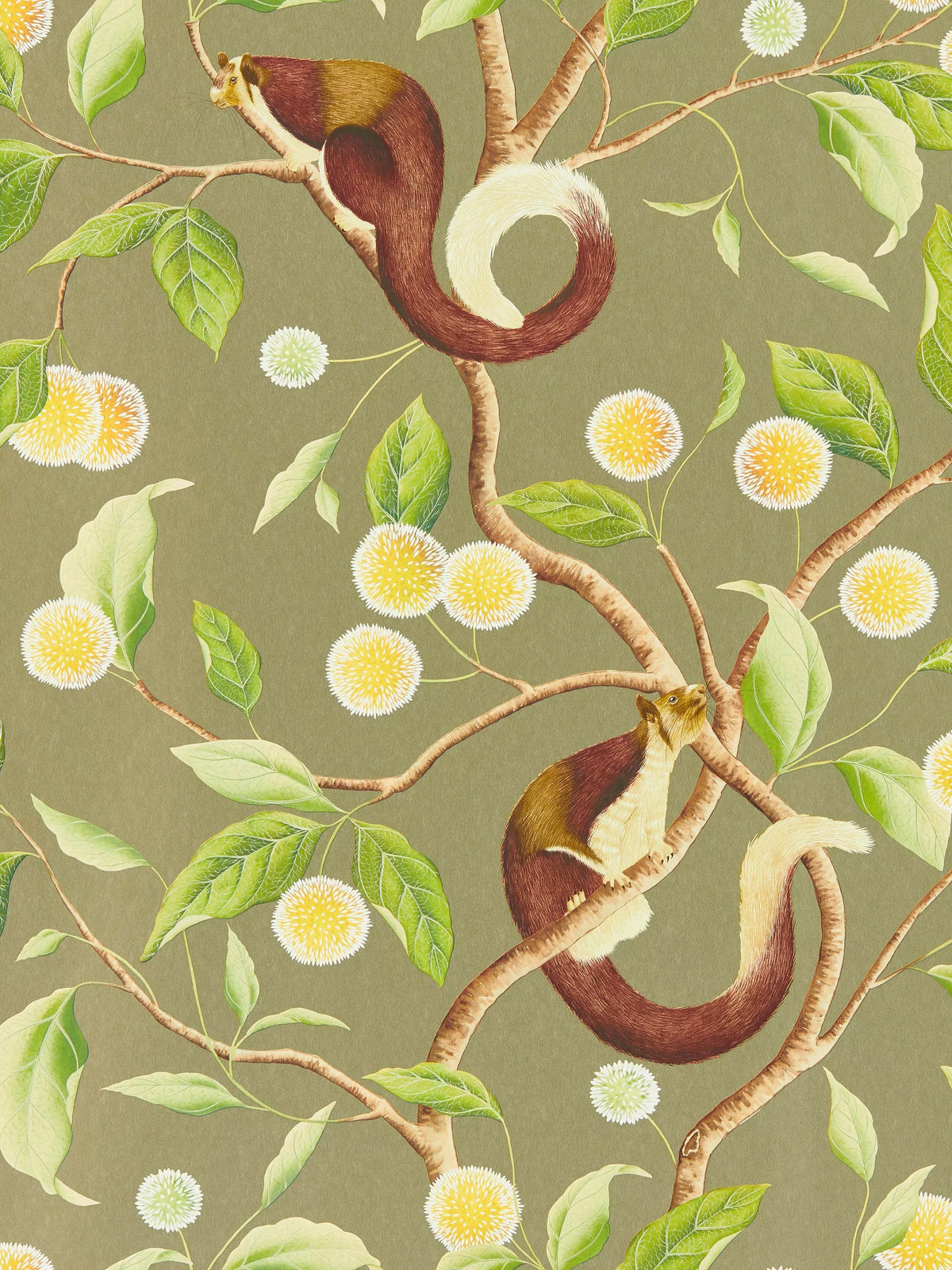 Harlequin Nellie figurative wallpaper with golden kadamba flowers and malabar giant squirrel design, UK version