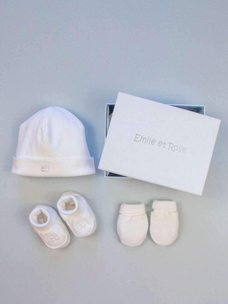 Emile et Rose white cotton hat bootee mitt gift set - British product