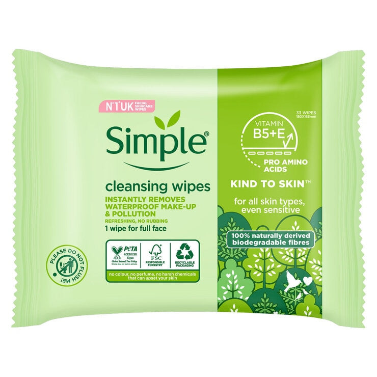 Simple cleansing facial wipes 5 x 33 pack (British brand)