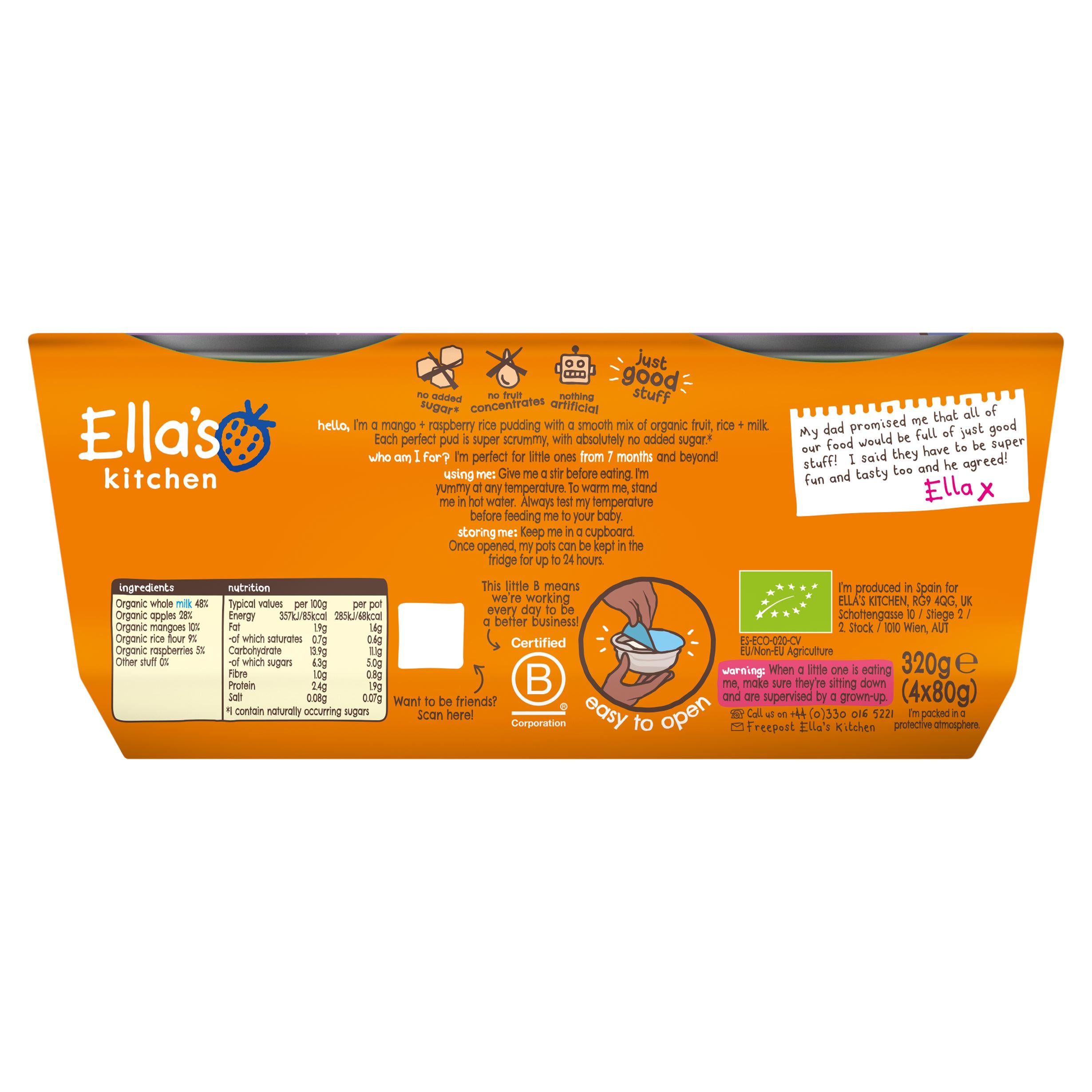 Ella's Kitchen baby rice pudding mango raspberry 4x80g, UK version