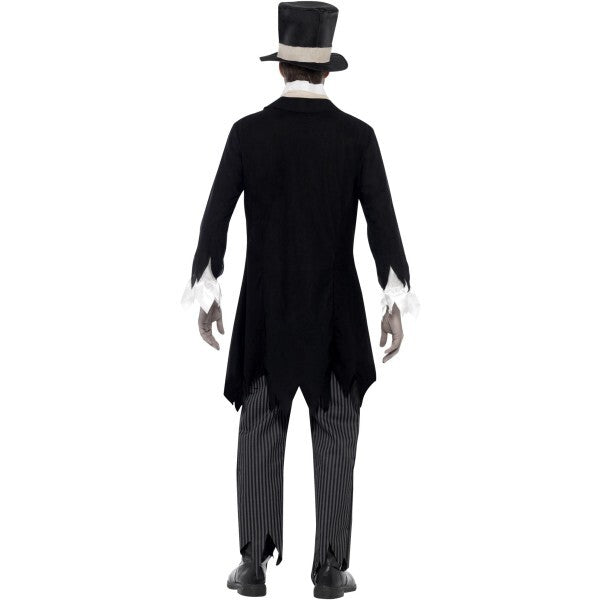 Smiffys zombie groom costume, black jacket, waistcoat, trousers, top hat (British brand)