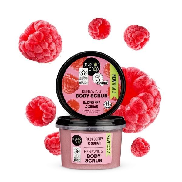 Organic Shop raspberry body scrub 250ml, imported from the UK
