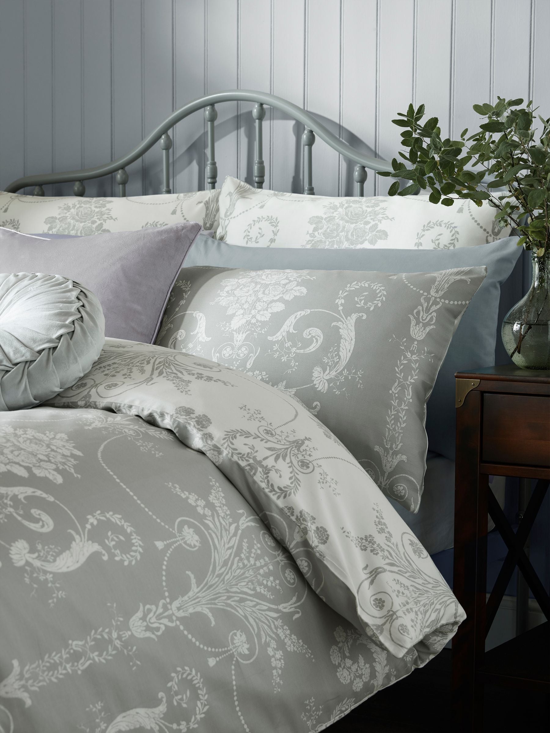 Laura Ashley Grey Steel Josette reversible duvet cover and pillowcase set, UK version