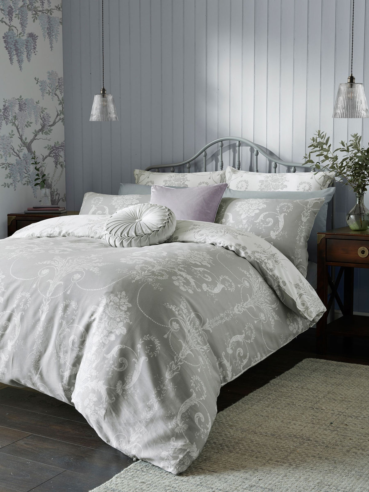 Laura Ashley Grey Steel Josette reversible duvet cover and pillowcase set, UK version