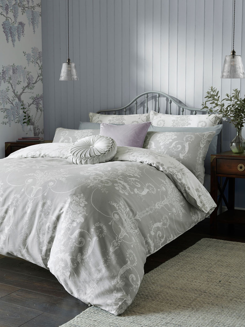 Laura Ashley Grey Steel 100% Cotton Sateen 200 Thread Count Josette Duvet Reversible Cover and Pillowcase Set