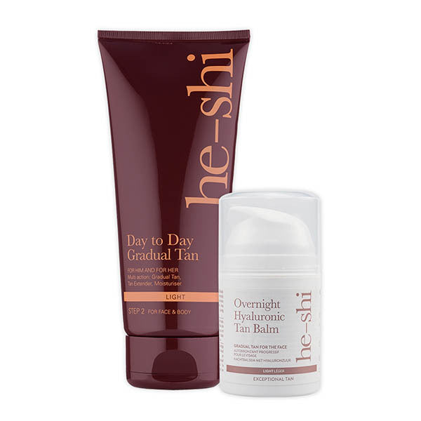 He-Shi light tanning bundle with gradual tan and overnight balm - British product