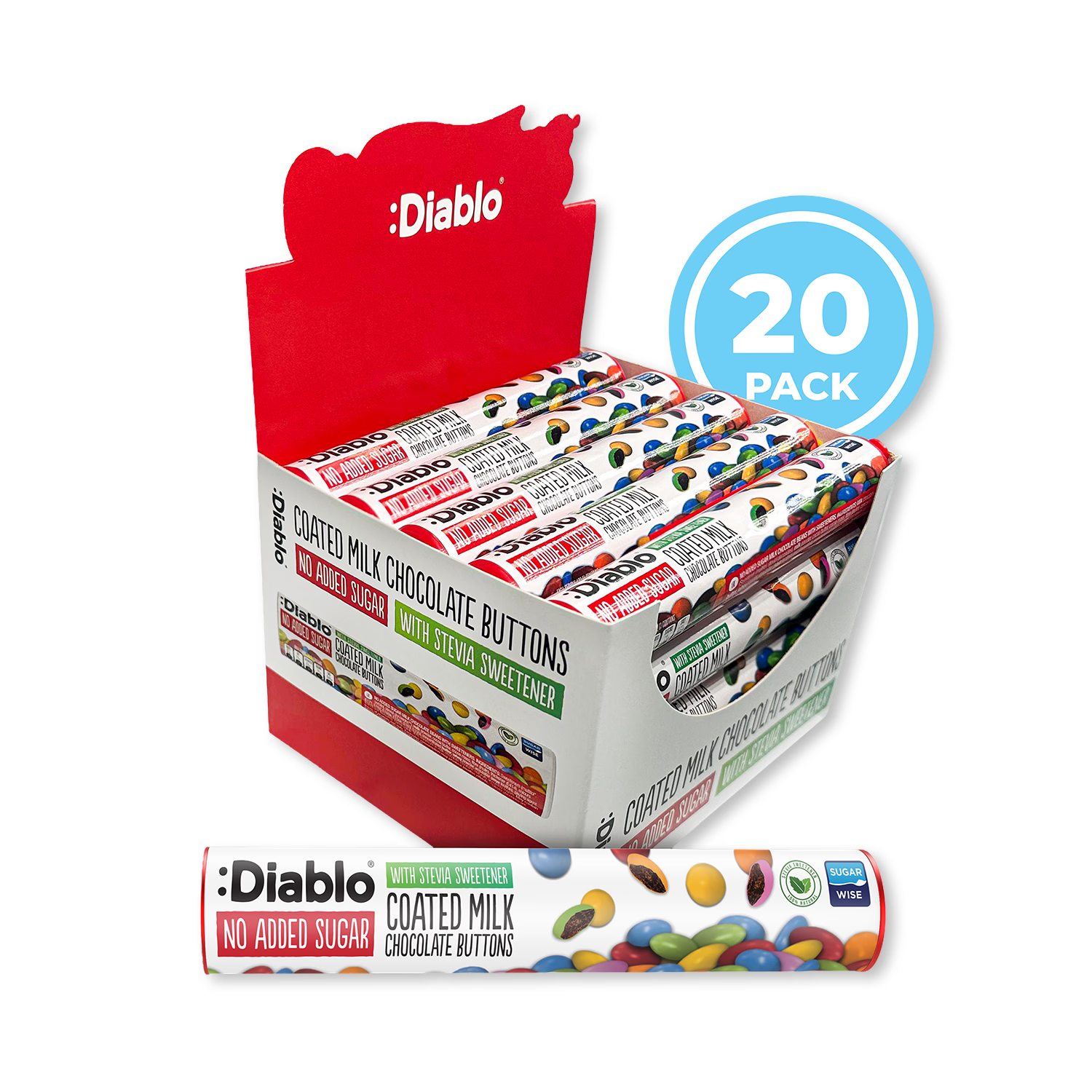 Diablo milk chocolate buttons 22g tubes pack of 20 (British brand)