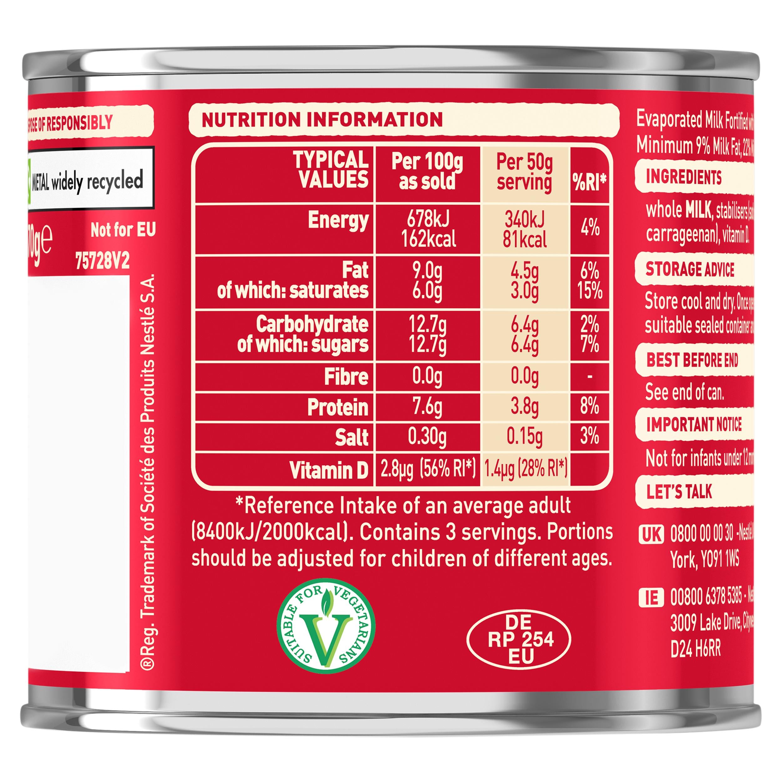 Carnation evaporated milk 170g, imported from the UK