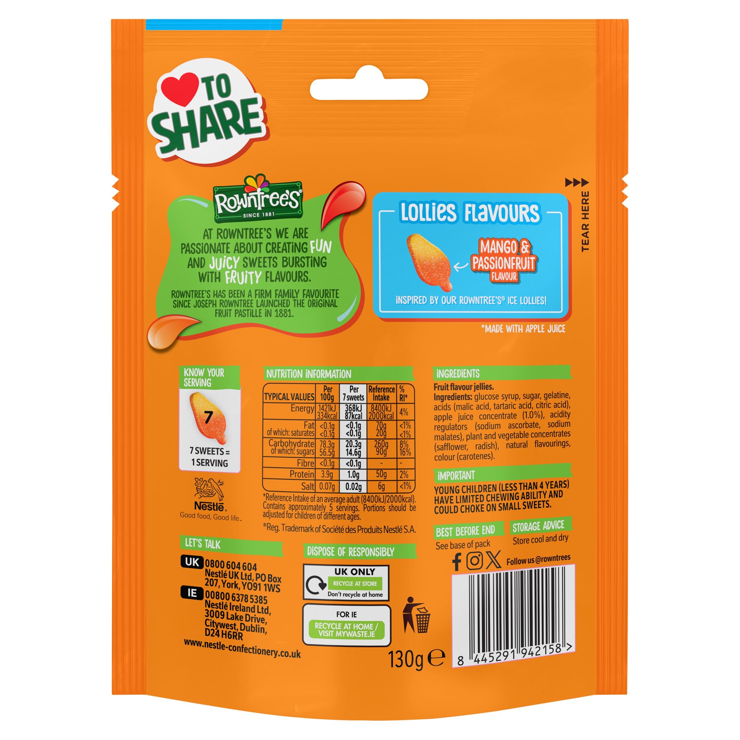 Rowntree's sweets Mango Lollies 130g sharing bag (British brand)