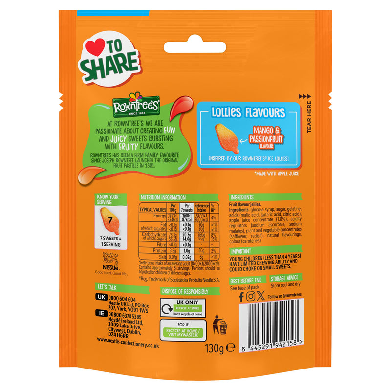 Rowntree's sweets Mango Lollies 130g sharing bag (British brand)