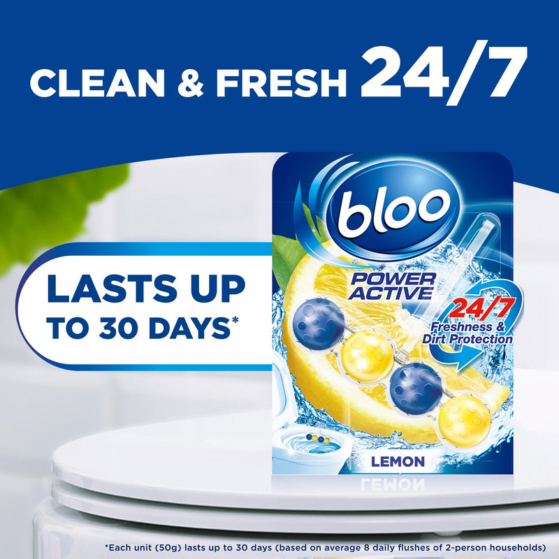 Bloo Power Active lemon toilet rim blocks 2x50g, imported from the UK