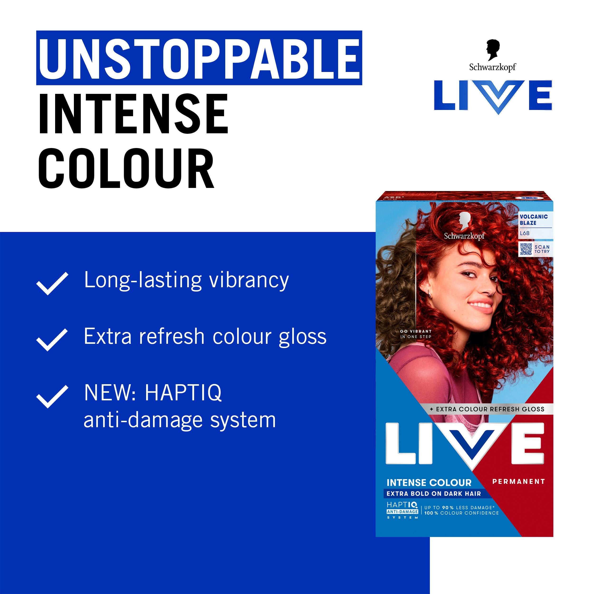 Schwarzkopf Live Intense Colour L68 Volcanic Blaze permanent hair dye, imported from the UK
