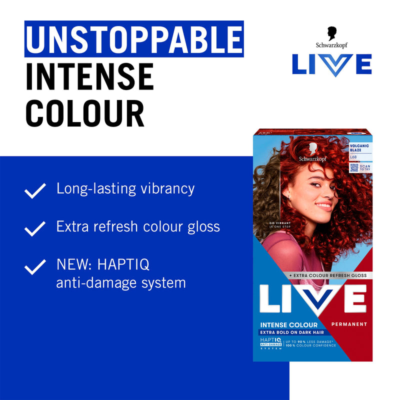 Schwarzkopf Live Intense Colour L68 Volcanic Blaze permanent hair dye, imported from the UK