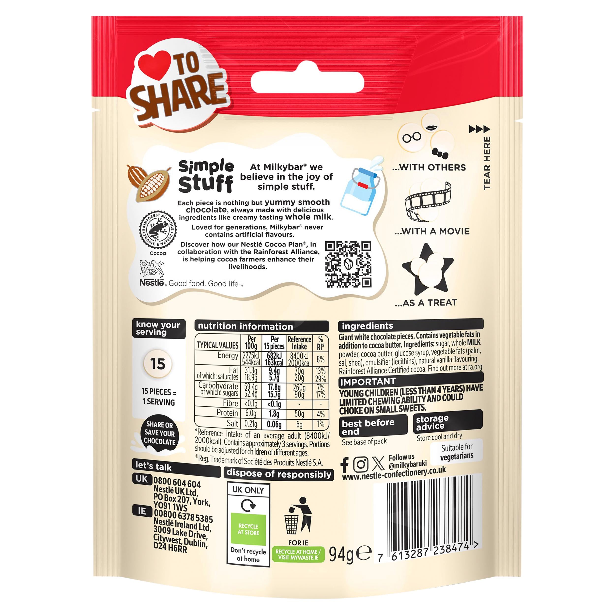 Milkybar white chocolate giant buttons sharing bag 94g, UK version