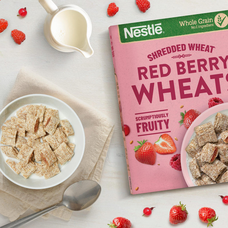 Nestle Shredded Wheat Bitesize Red Berry Wheats cereal 450g, imported from the UK
