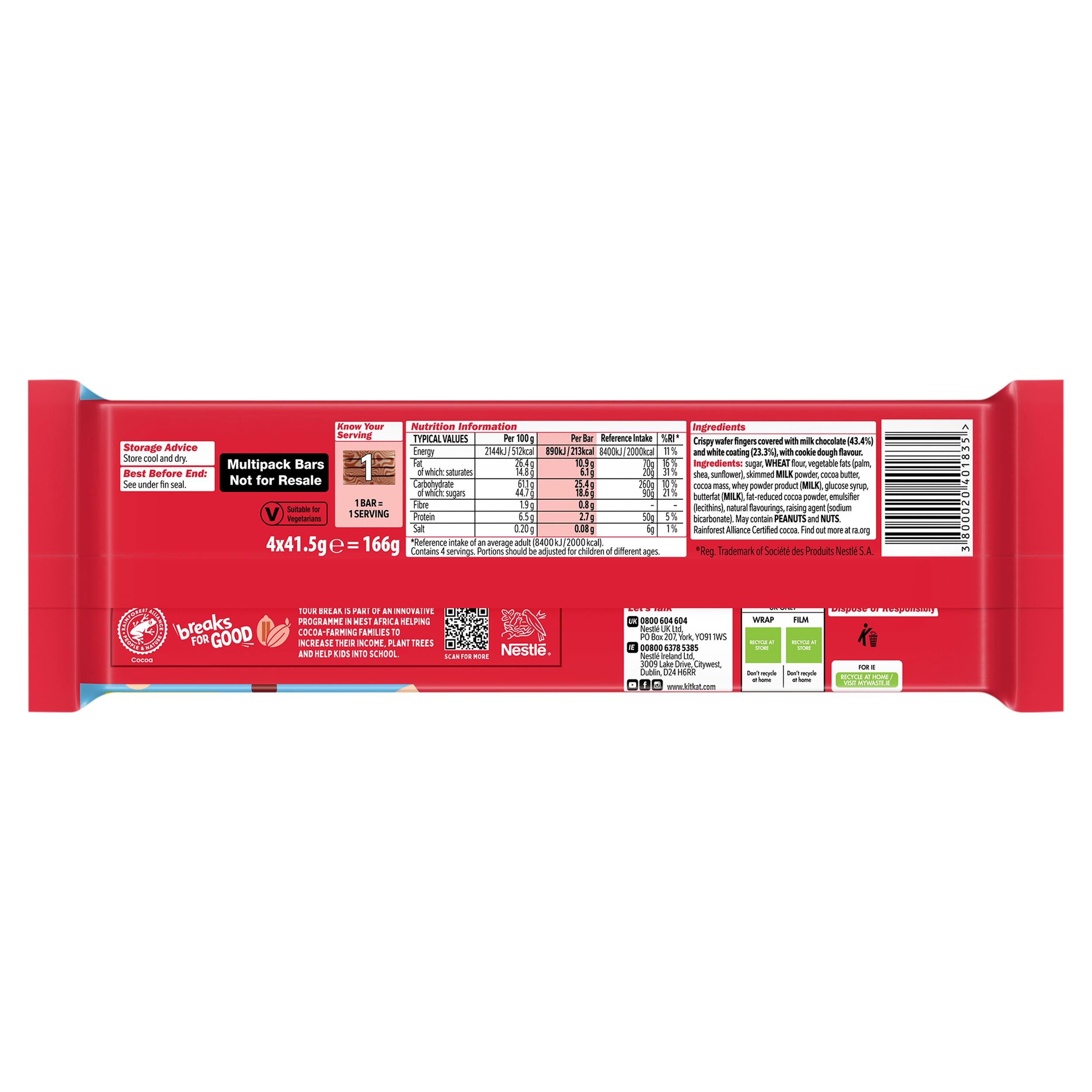 KitKat cookie dough chocolate bar multipack 4x166g, UK version