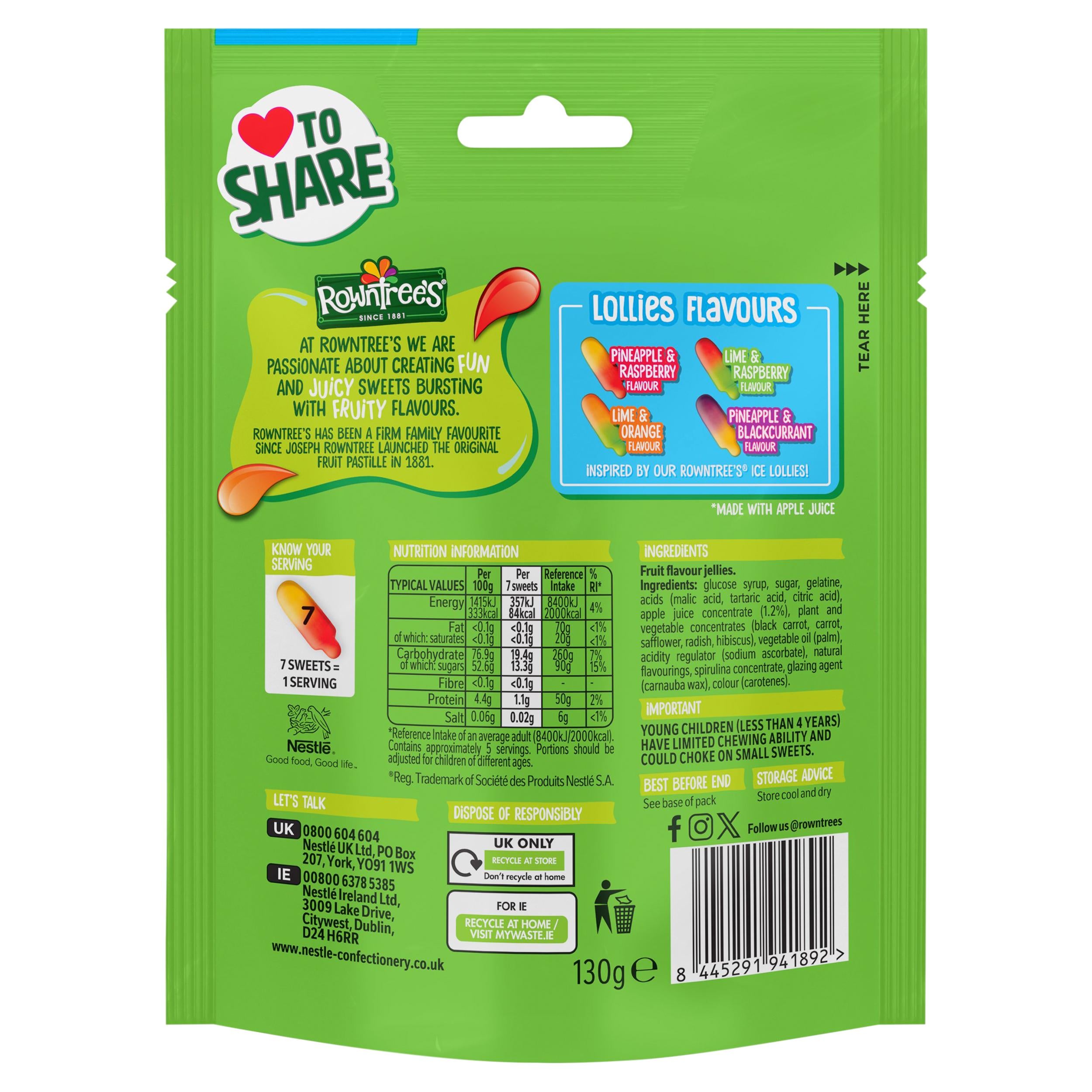 Rowntree's Fruit Pastilles Lollies 130g sharing bag - British product