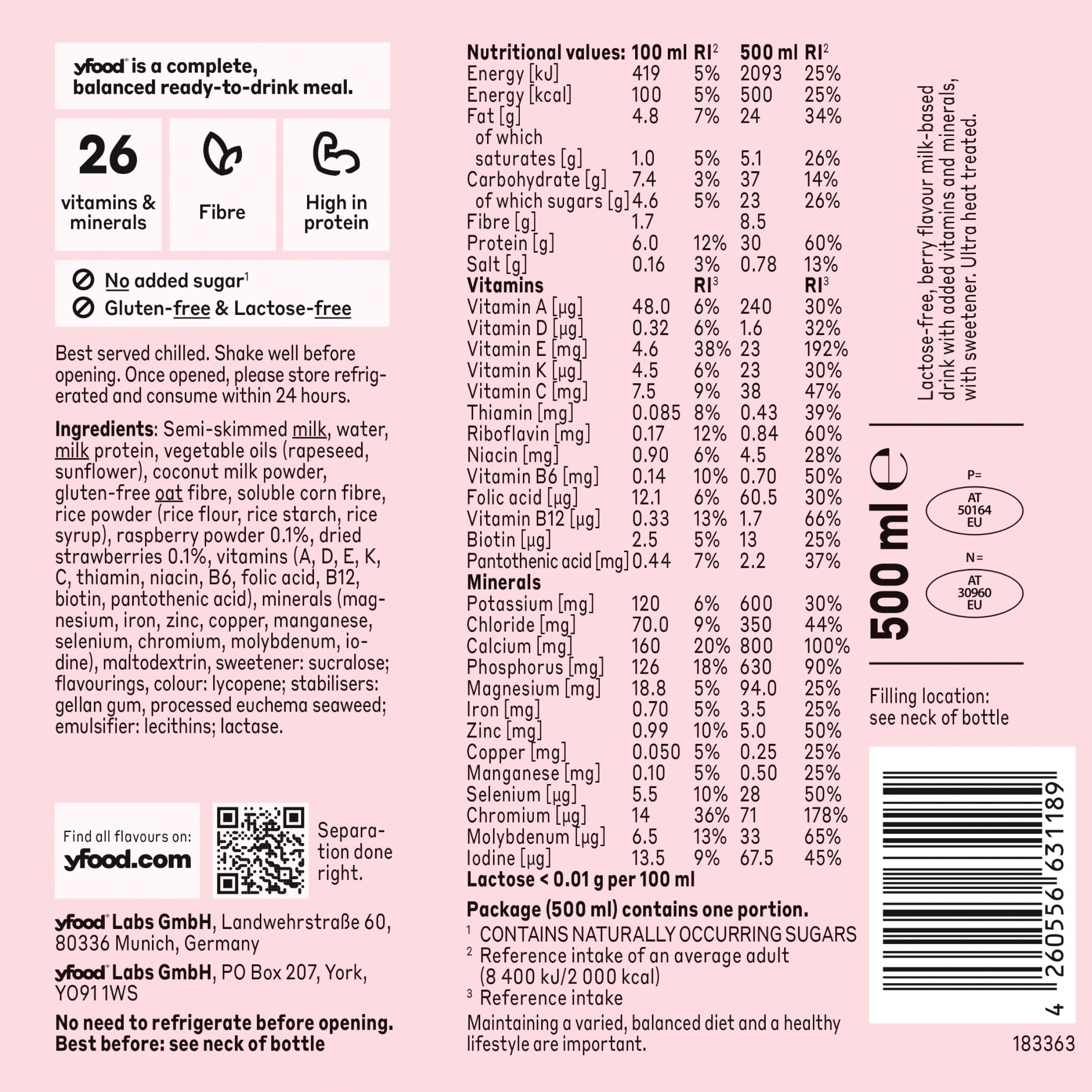 yfood Fresh Berry complete meal drink 500ml, UK version
