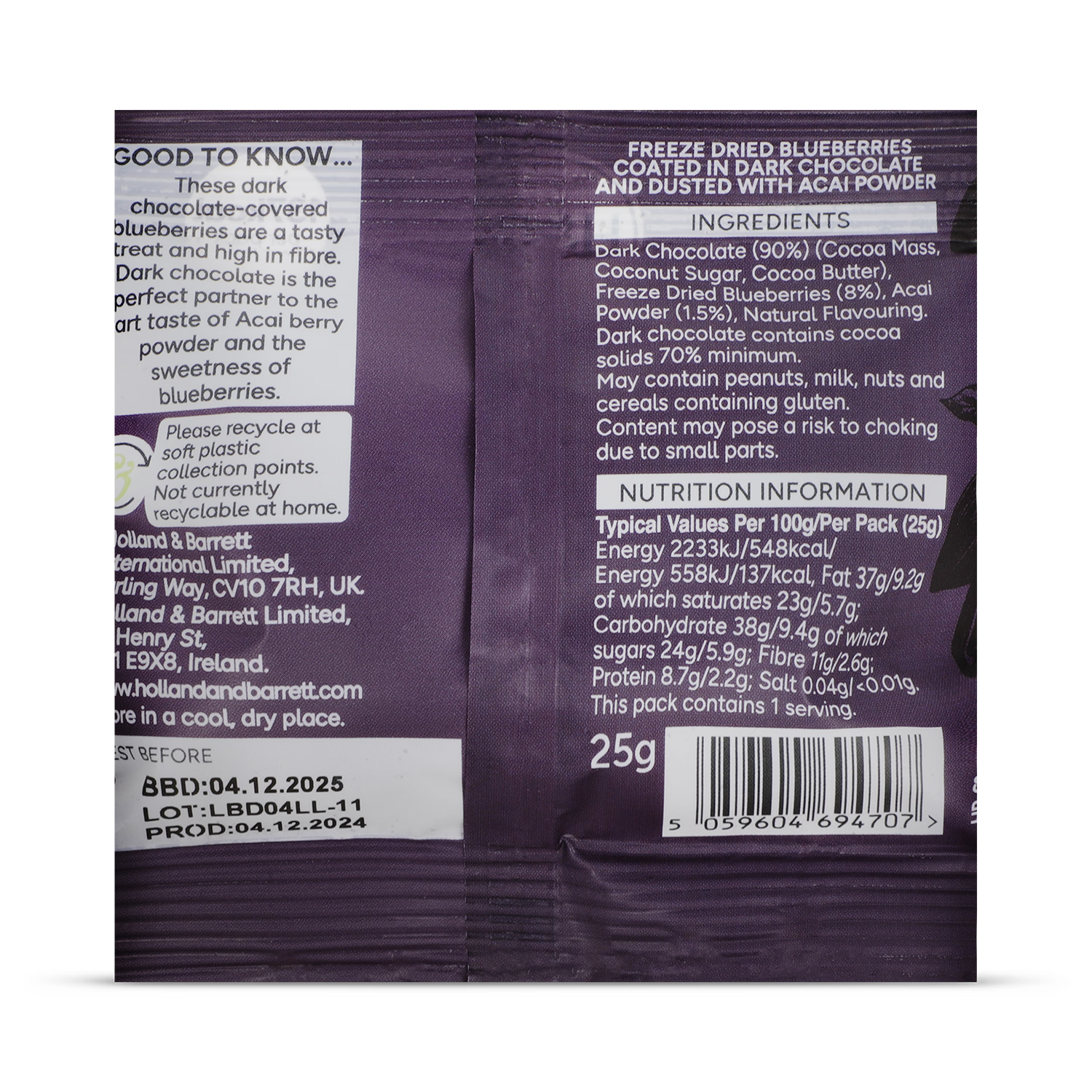 Holland & Barrett dark chocolate blueberries 25g, UK version