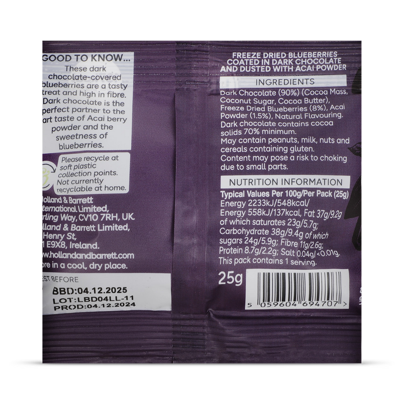 Holland & Barrett dark chocolate blueberries 25g, UK version