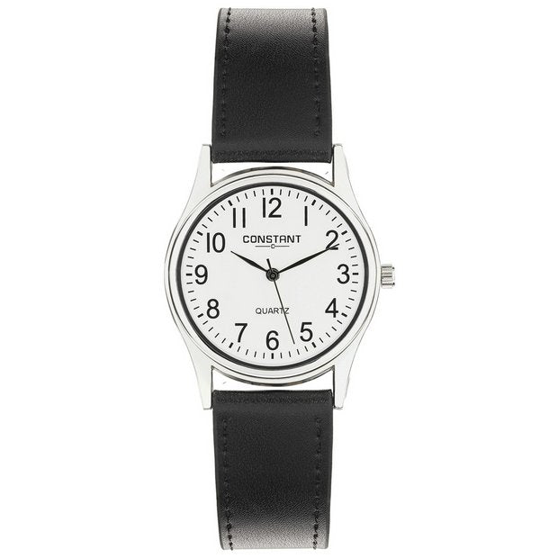 Constant quartz watch with white dial and black faux leather strap 38mm (British brand)