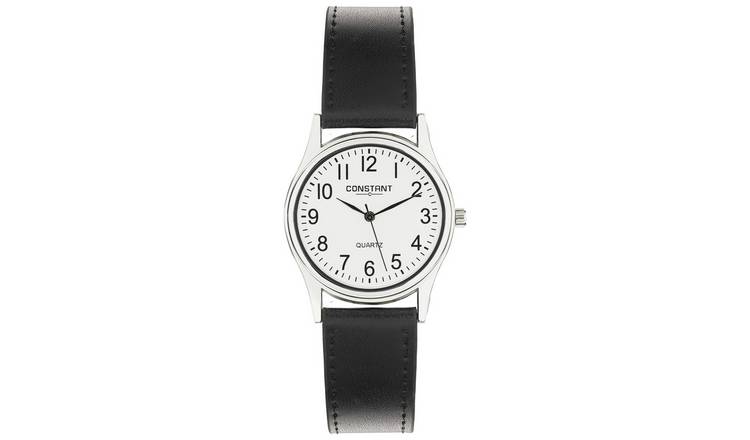 Constant quartz watch with white dial and black faux leather strap 38mm (British brand)