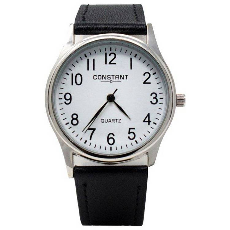 Constant quartz watch with white dial and black faux leather strap 38mm (British brand)
