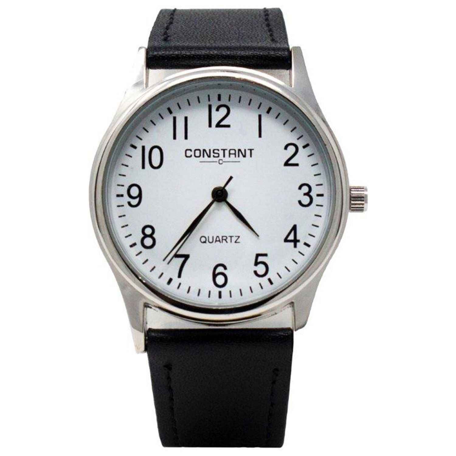 Constant quartz watch with white dial and black faux leather strap 38mm (British brand)
