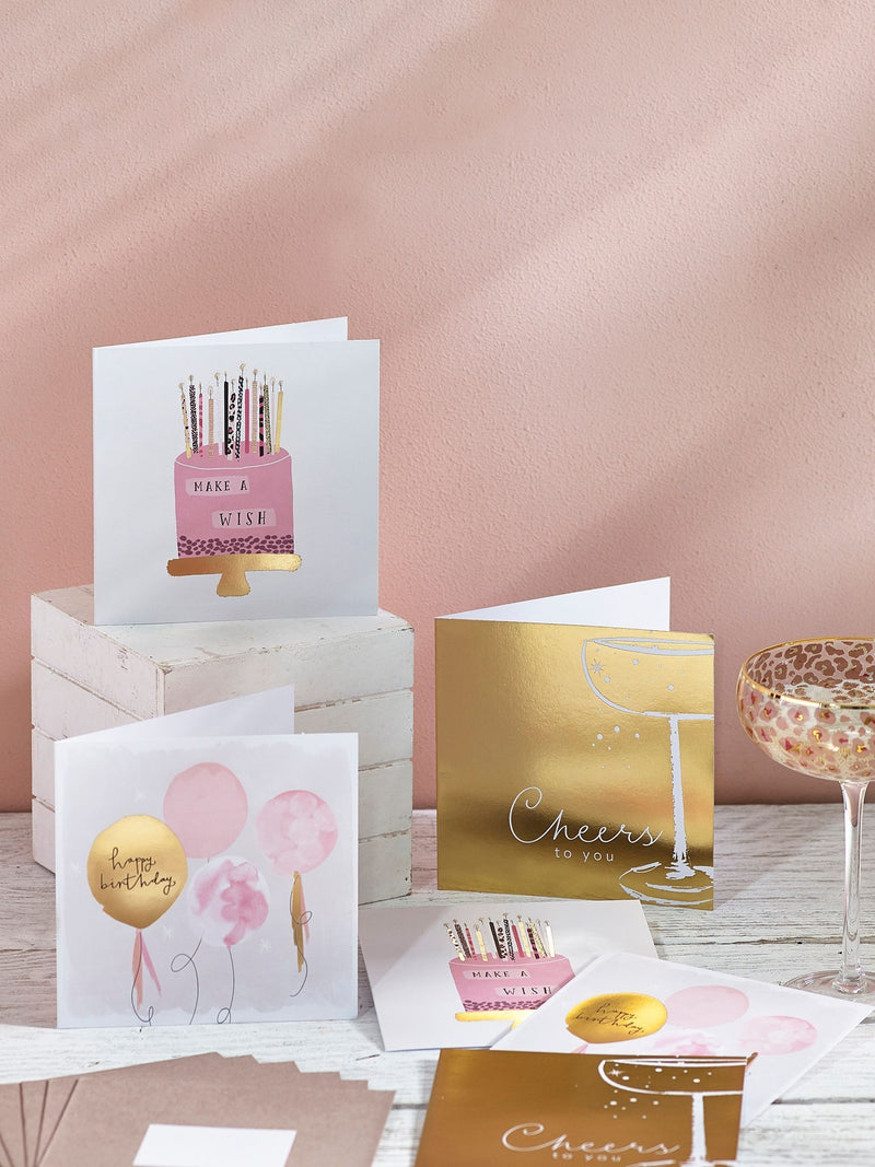 6 pink chic birthday cards 15x15cm, imported from the UK