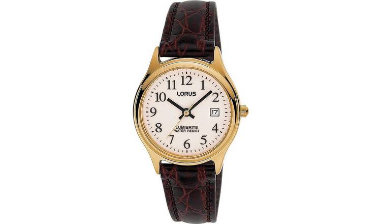 Lorus ladies brown leather strap watch white dial gold case (British brand)