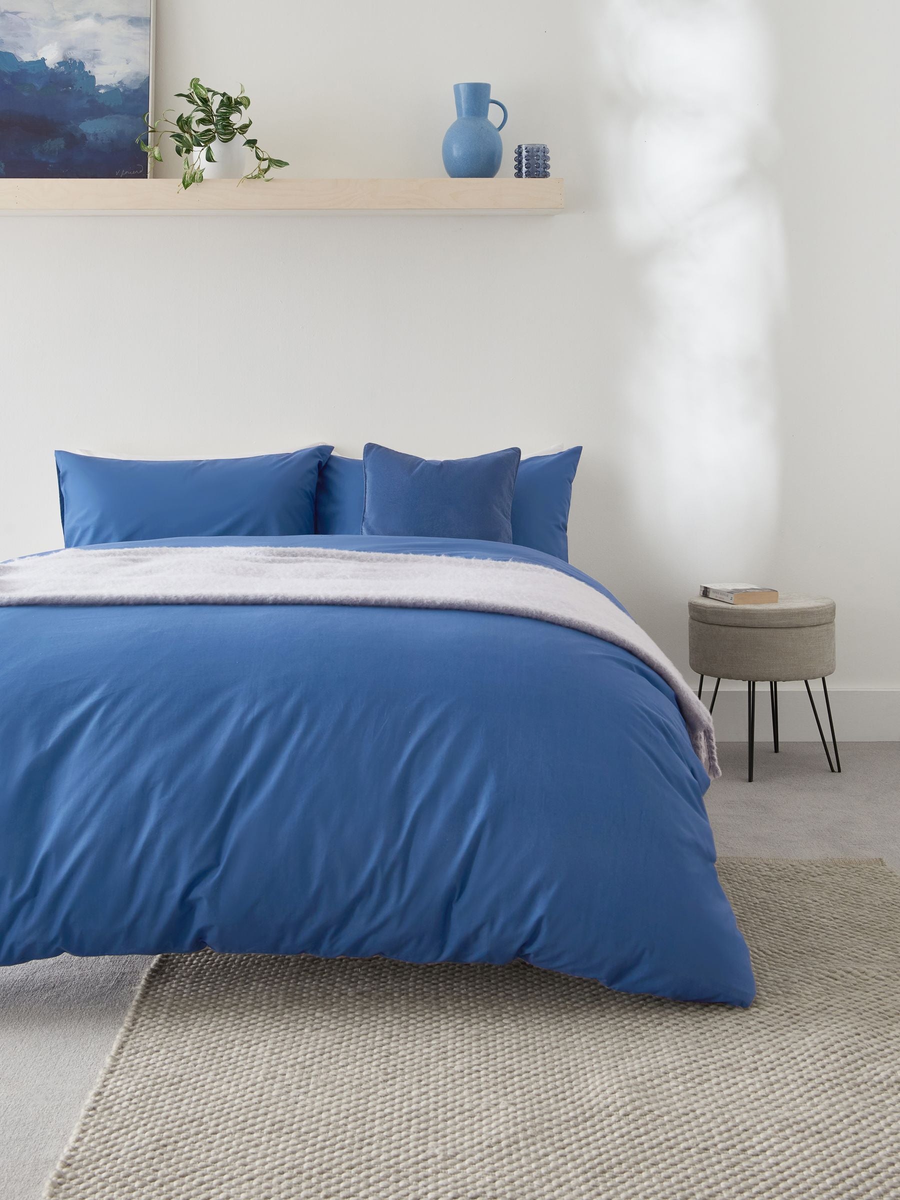 Blue polycotton plain duvet cover and pillowcase set - British product