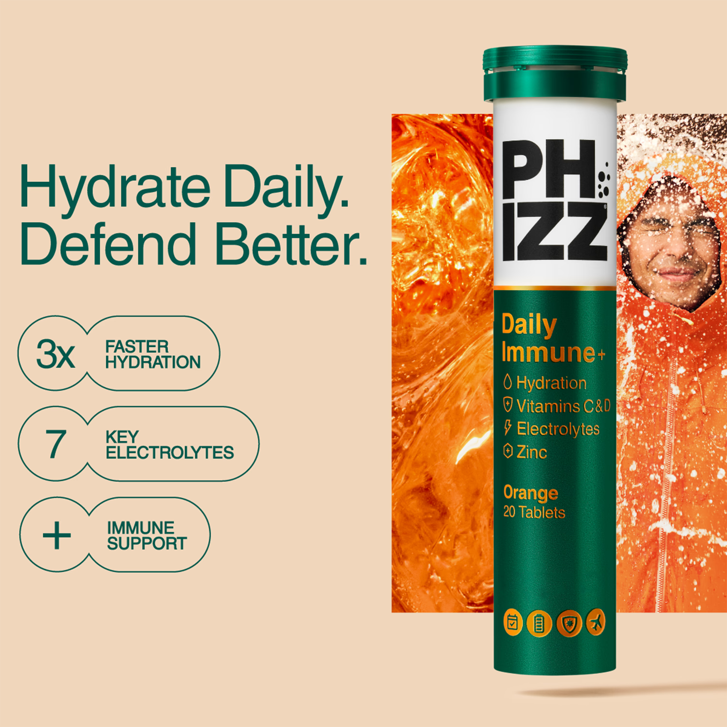 Phizz Daily Immune+ orange effervescent tablets 20 count (British brand)