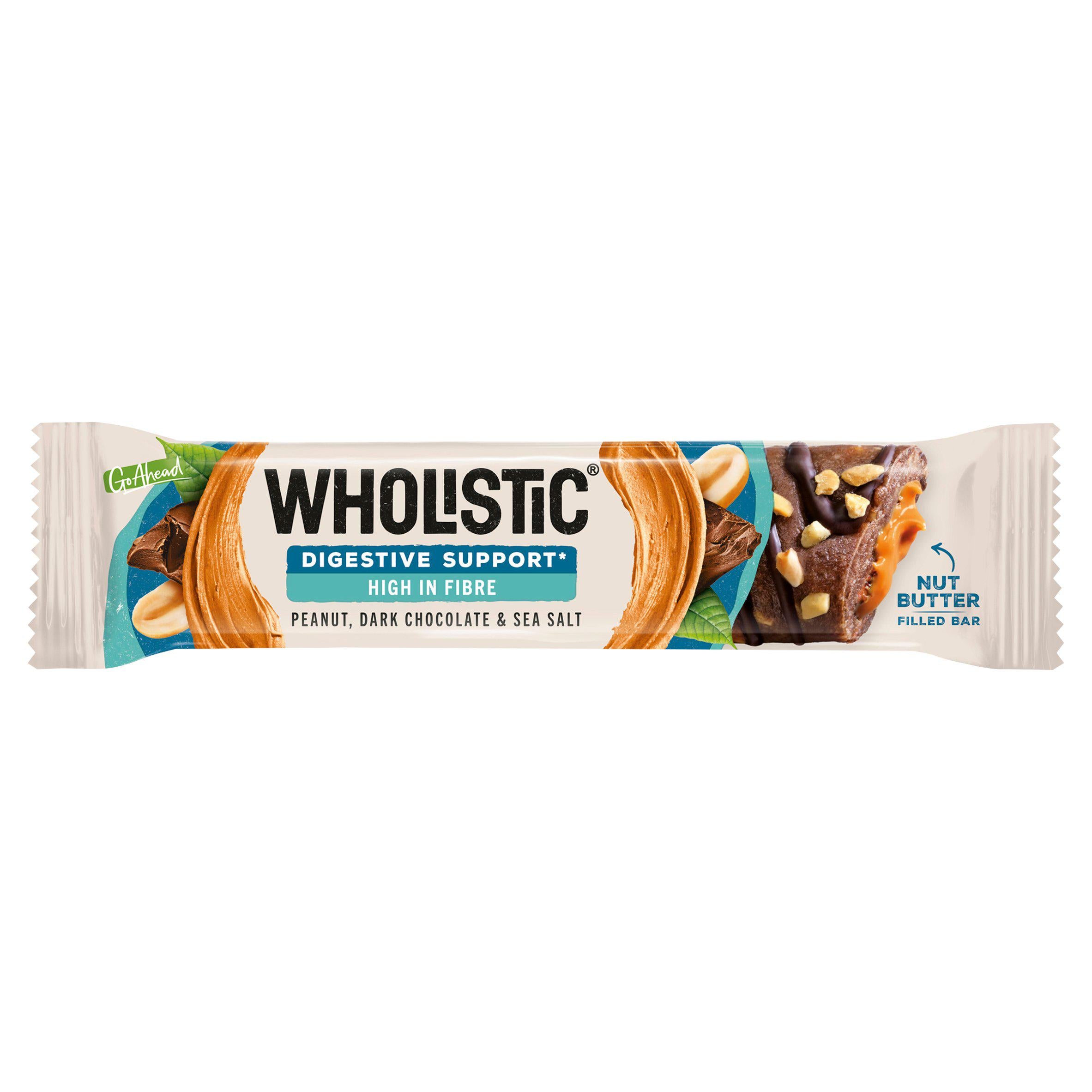 Go Ahead Wholistic Peanut Dark Chocolate & Sea Salt Nut Butter Filled Snack Bar 40g GOODS Sainsburys   