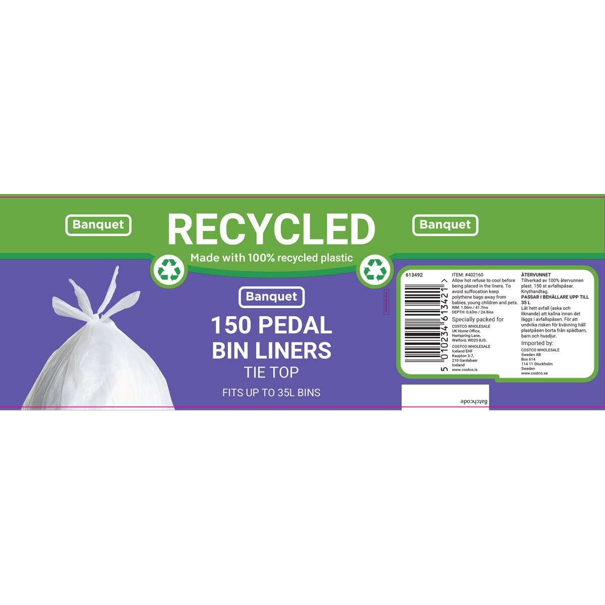 Banquet recycled tie top pedal bin liners 150 pack - British product