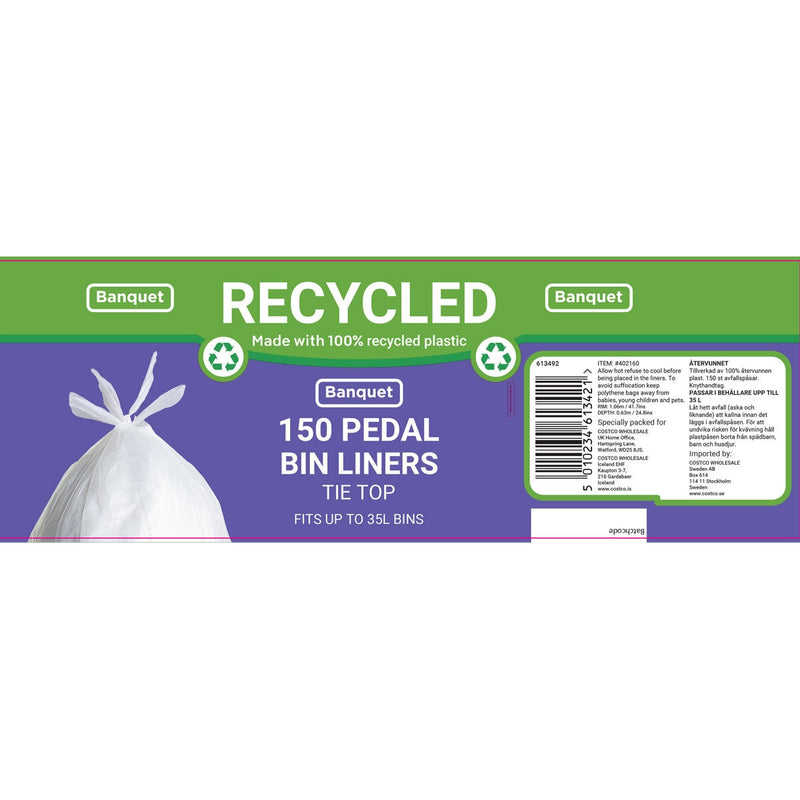 Banquet recycled tie top pedal bin liners 150 pack - British product