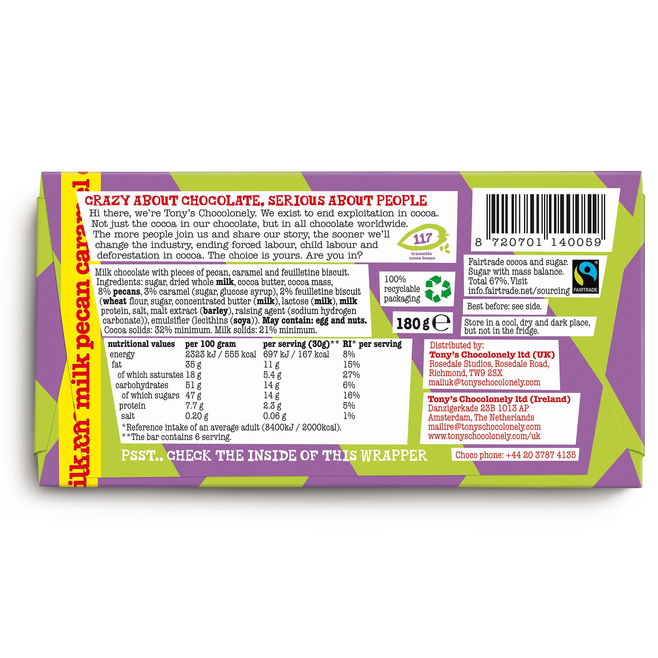 Tony's Chocolonely milk chocolate pecan caramel biscuit 180g - British product