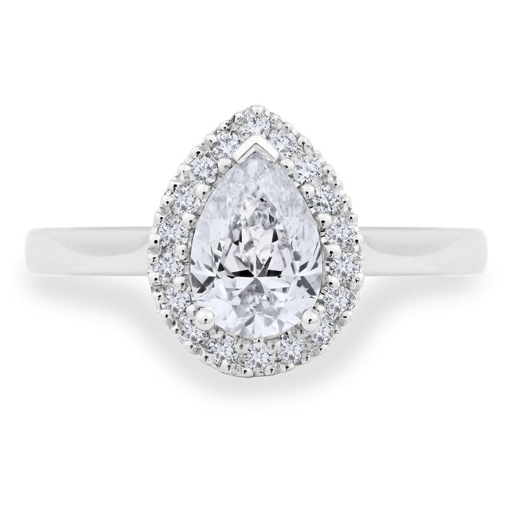 Platinum diamond halo ring 0.90ctw pear round brilliant cut size L, imported from the UK