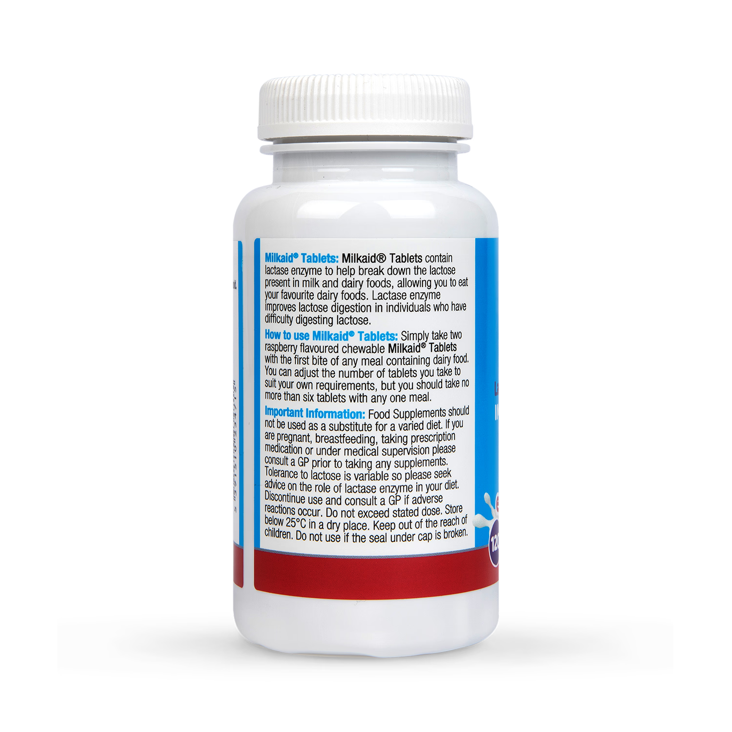 Milkaid lactase enzyme tablets raspberry flavour 120 tablets, imported from the UK