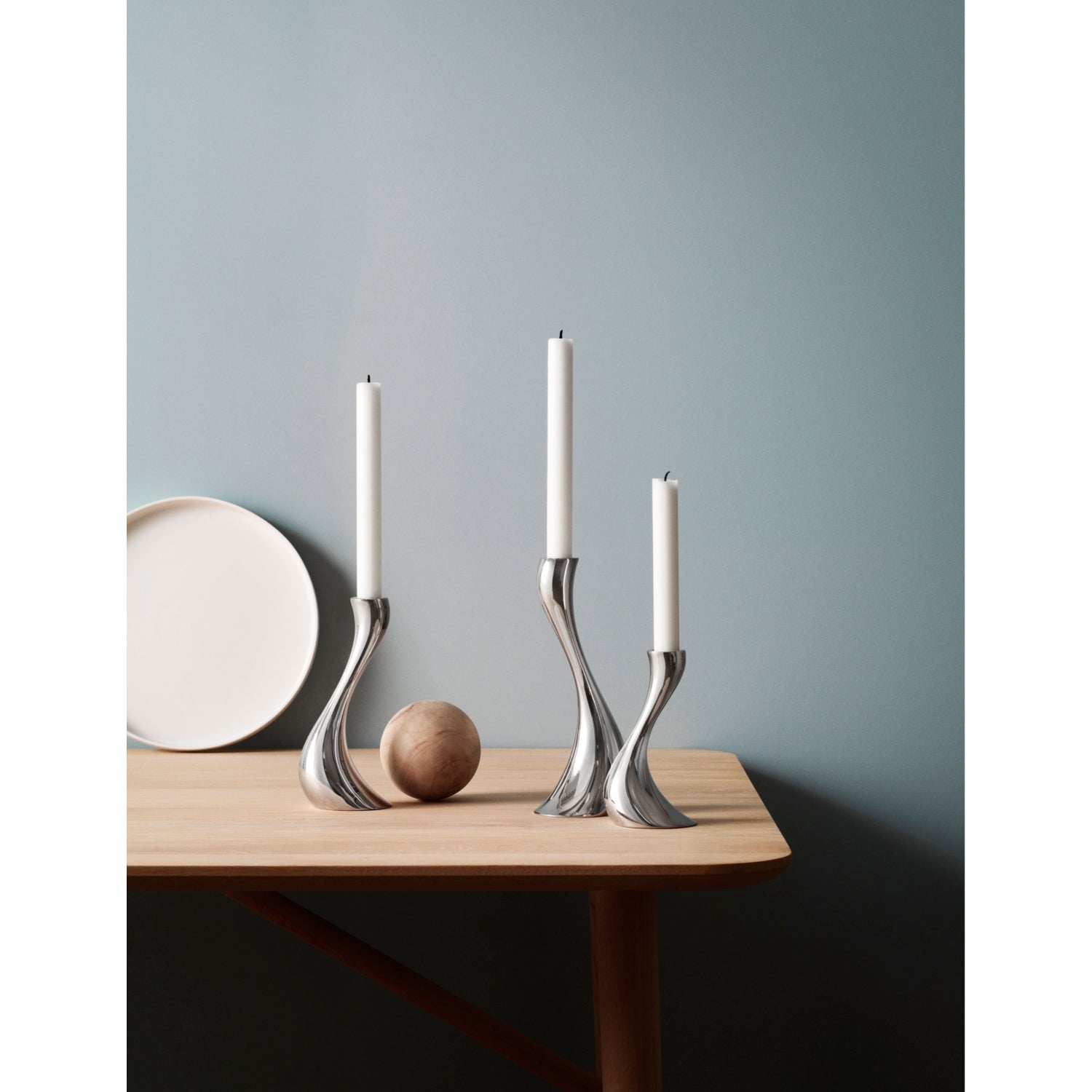 Georg Jensen Cobra small three-piece candleholder set in stainless steel (British brand)