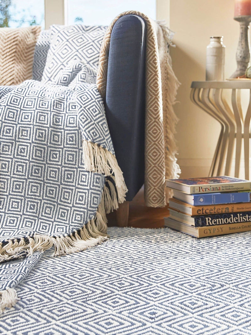 My Mat denim blue diamond woven rug - British product