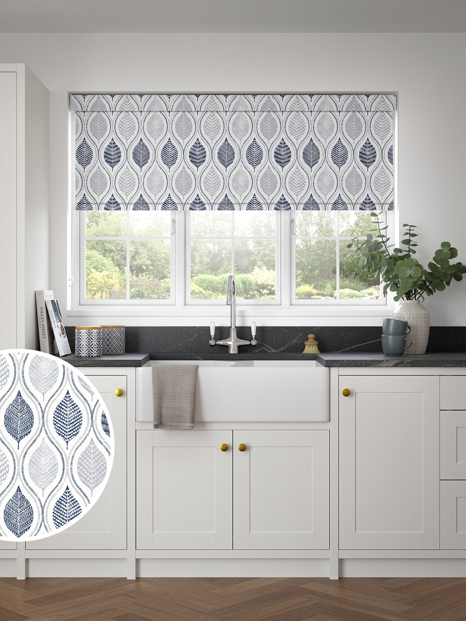 Next blue Lino Leaf made to measure roller blind, UK version