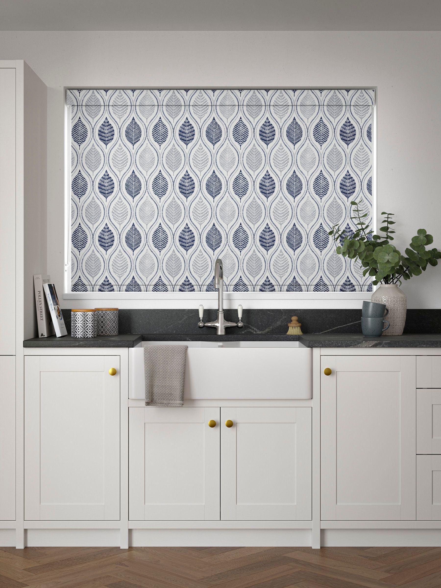 Next blue Lino Leaf made to measure roller blind, UK version