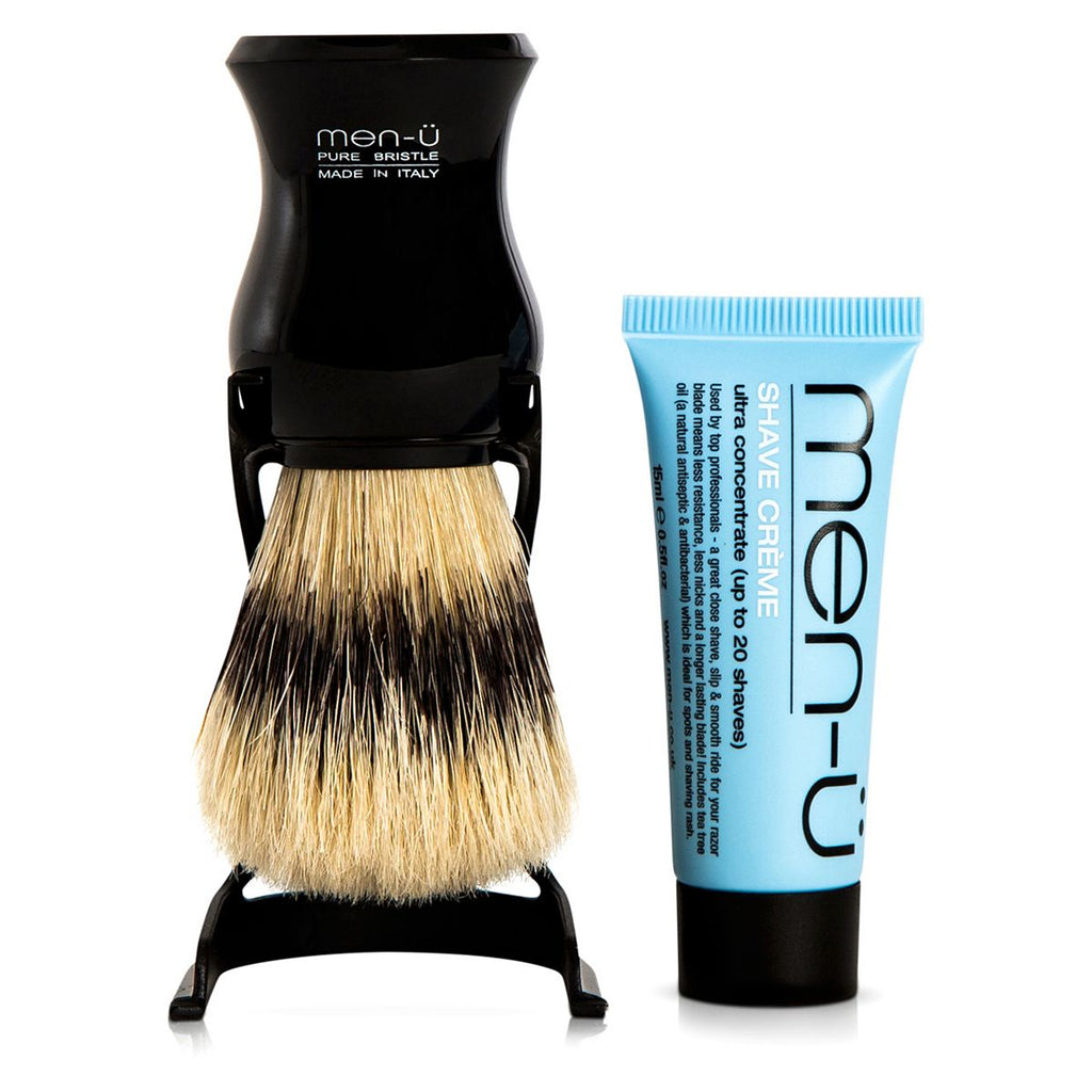 men-ü Black Barbiere Pure Bristle Shaving Brush with stand & free 15ml shave crème buddy tube