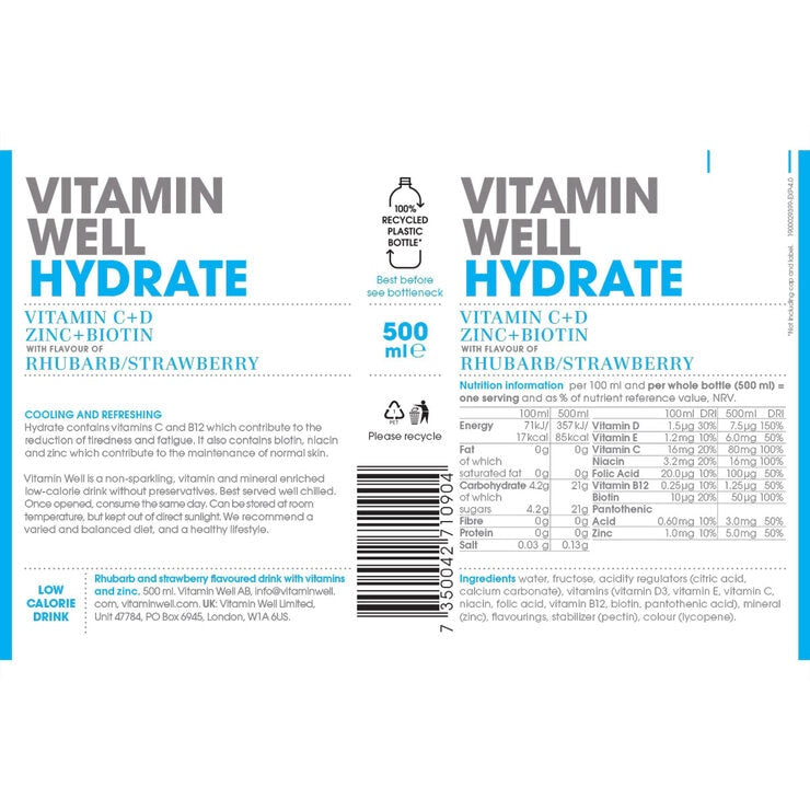 Vitamin Well Hydrate rhubarb and strawberry flavoured sports drink 12 x 500ml, UK version
