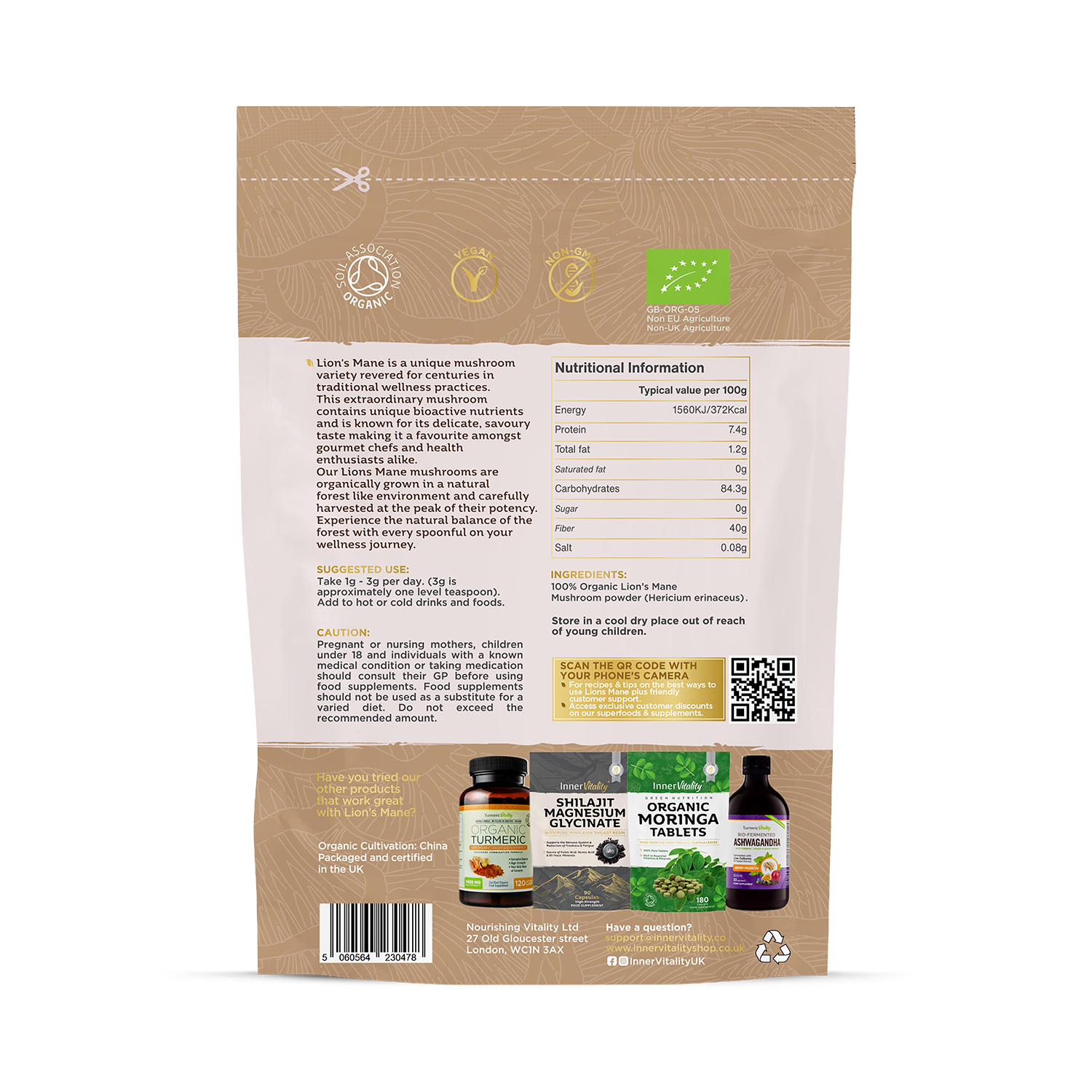 Inner Vitality organic lions mane mushroom powder 100g, imported from the UK