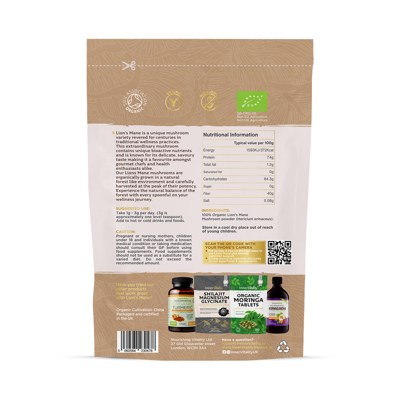 Inner Vitality organic lions mane mushroom powder 100g, imported from the UK
